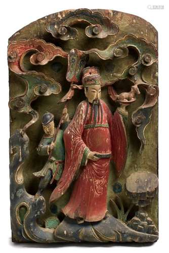 A PAIR OF CARVED AND PAINTED PANELS WITH FIGURES C...