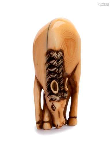 AN IVORY NETSUKE OF A GRAZING HORSE Kyoto, 18th ce...