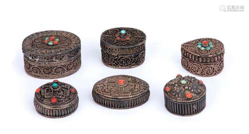 SIX SMALL POLYCHROME STONES INLAID SILVER BOXES AN...