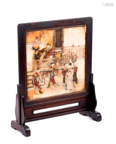 A WOOD AND PAINTED ALABASTER TABLE SCREEN China, l...