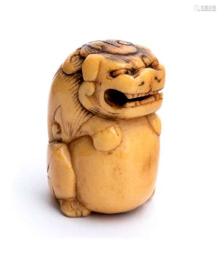 AN IVORY NETSUKE OF A SHISHI AND BALL 19th century...