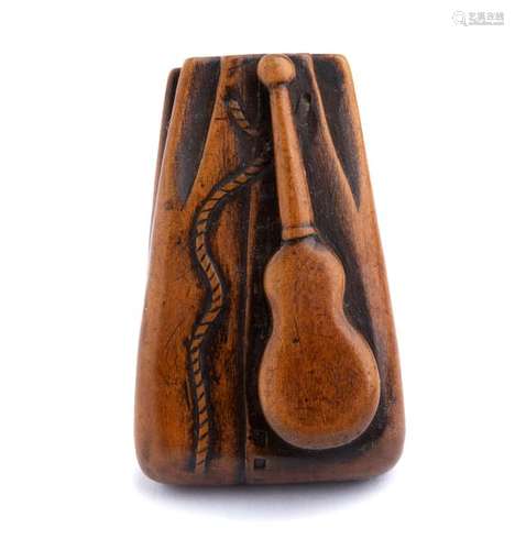 A WOOD NETSUKE OF A POUCH AND A SMALL BALANCE 19th...