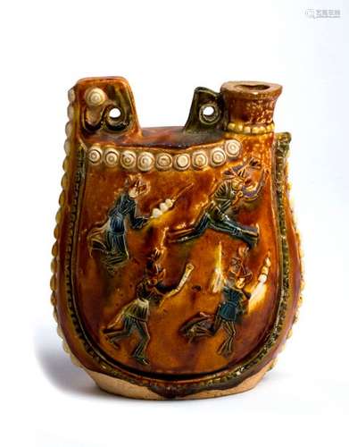 A SANCAI AND BLUE GLAZED BAG SHAPED PILGRIM FLASK ...