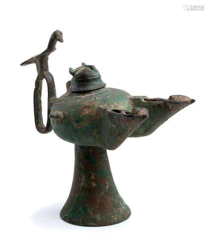 A DOUBLE WICKED BRONZE OIL LAMP Iran, Khorasan, 12...