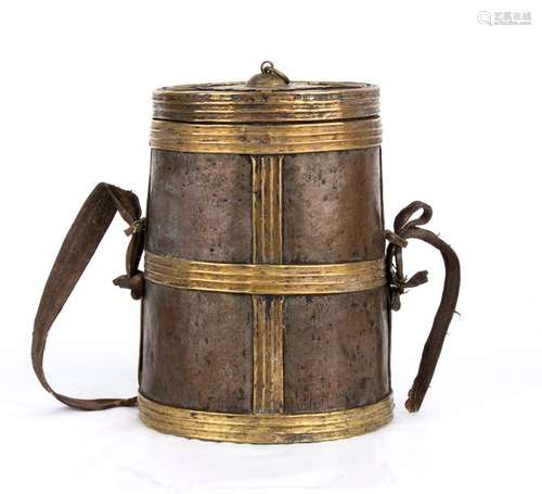 A PARTIALLY GILT BRASS CYLINDRICAL CONTAINER AND C...