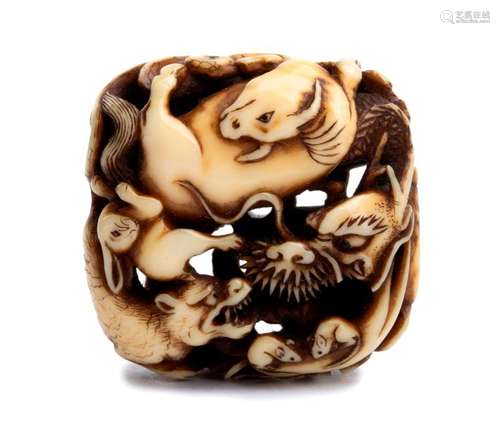 AN IVORY NETSUKE OF THE TWELVE ANIMALS OF THE ZODI...