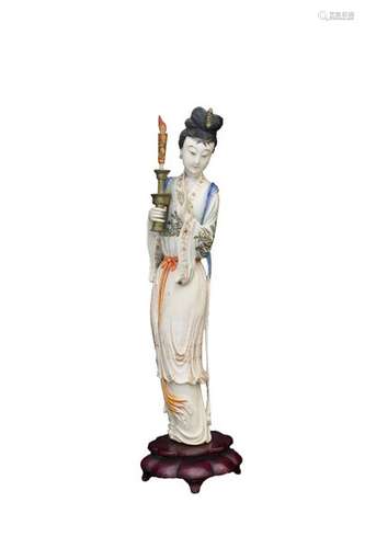 A PAINTED IVORY CARVING OF A STANDING LADY China, ...