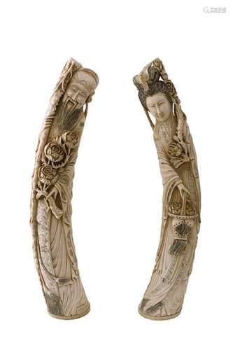 A PAIR OF LARGE IVORY CARVINGS OF DEITIES China, e...