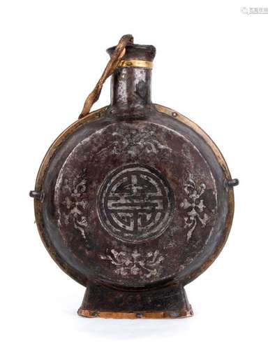 A SILVER INLAID METAL CIRCULAR FLASK Tibet, 19th 2...