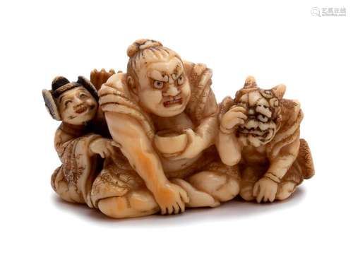 AN IVORY NETSUKE OF RAIKŌ, SHŌKA AND ONI second ha...