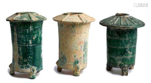 THREE GREEN GLAZED EARTHENWARE MODELS OF GRANARY C...