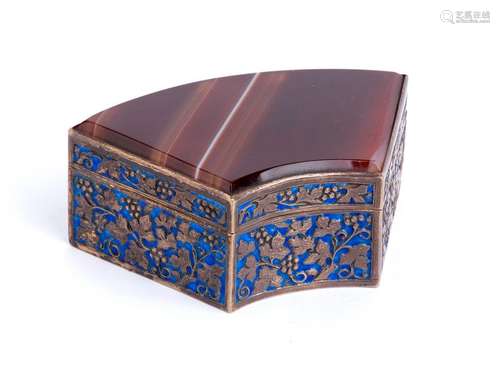 A GILT AND ENAMELLED SILVER FAN SHAPED BOX WITH AG...