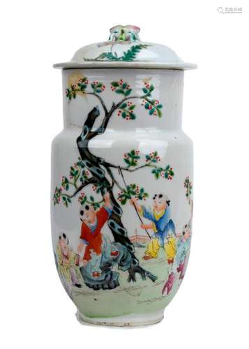 A POLYCHROME BALUSTER VASE AND COVER China, 20th c...