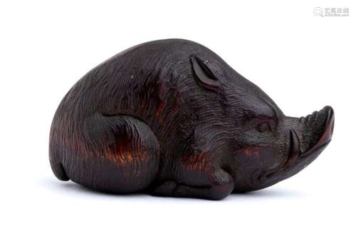 A WOOD NETSUKE OF A BOAR 19th century signed Yōsui...