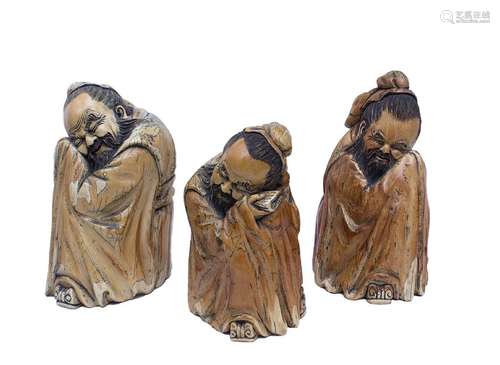 THREE LARGE IVORY CARVINGS OF SLEEPING SAGES China...