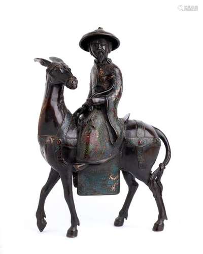 A BRONZE AND CLOISONNÉ ENAMELS FIGURE OF ZHANG GUO...