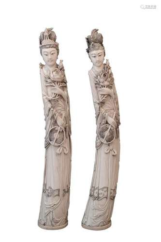 A PAIR OF LARGE IVORY CARVED STANDING LADIES China...