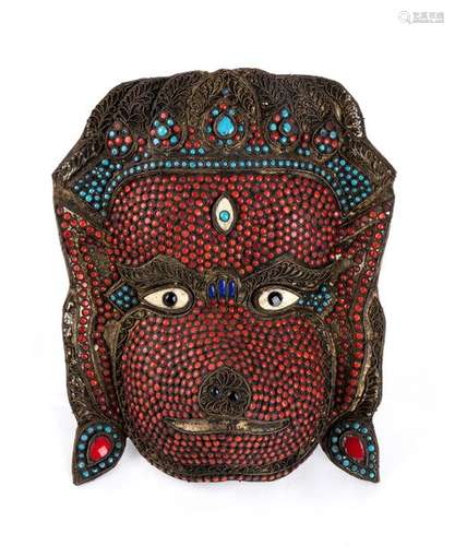 A COPPER AND HARD STONES INLAID MASK Tibet, 20th c...