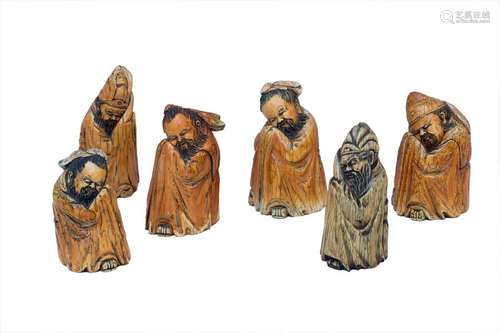 SIX IVORY CARVINGS OF SLEEPING SAGES China, early ...