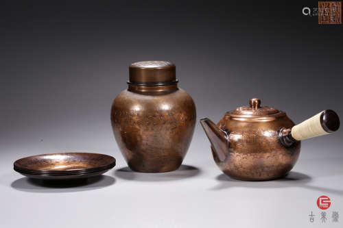 昭和时期·“开新堂造”款纯手工精铜打造煎茶器一套（带原木箱）