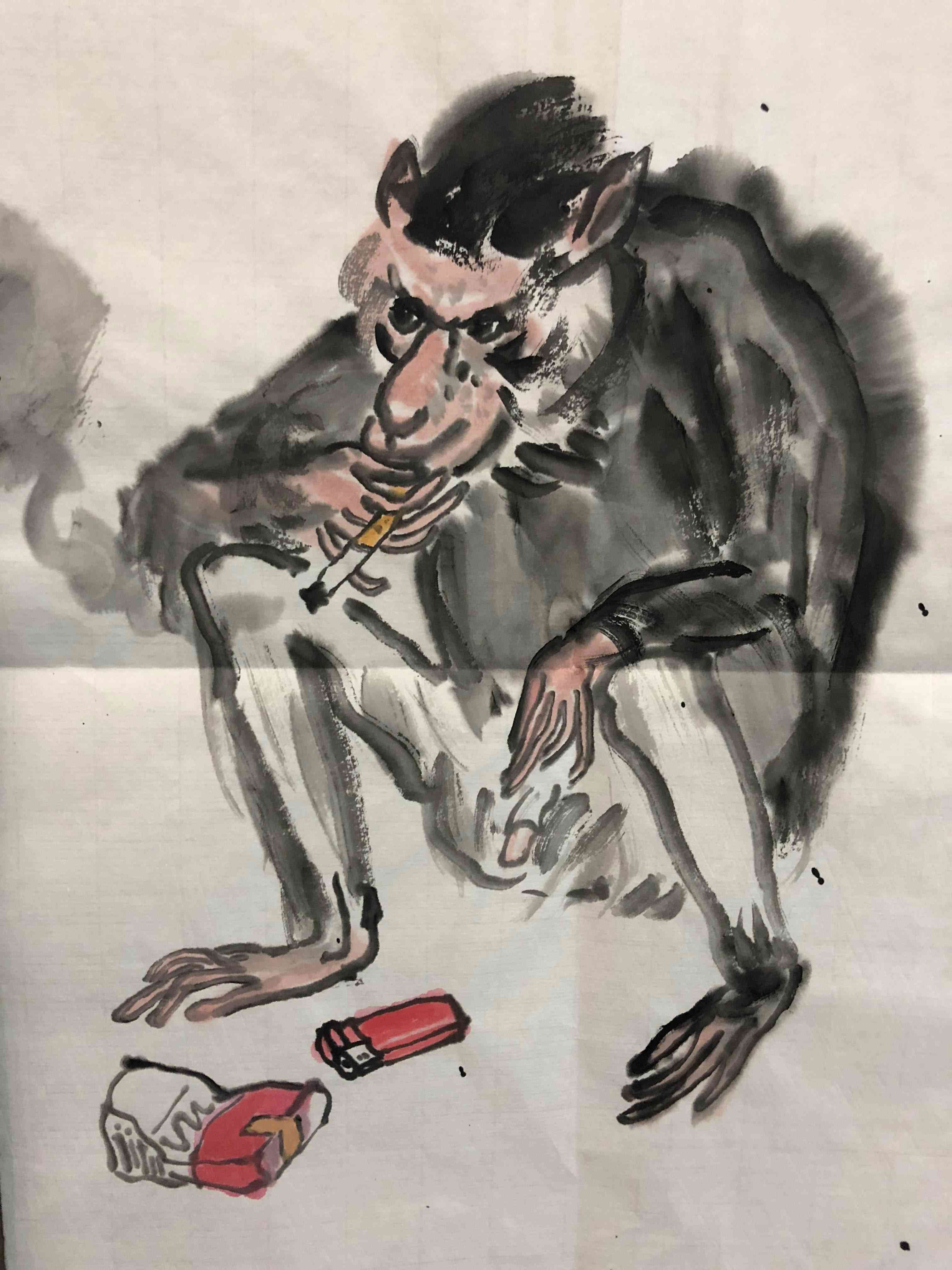 福建省厦门当代中青年新锐著名画家吴松光老瓜作品水墨老猴抽烟图