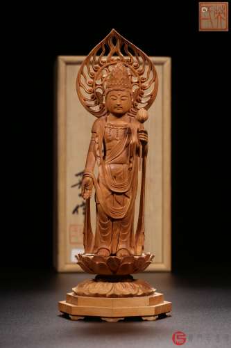 八十年代.优质醇香檀香木一体整雕阿弥陀佛立像（头光、佛像、莲座可拆，带木箱）