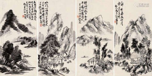 蒲华（1832～1911） 辛丑（1901）年作 山水 四屏立轴 水墨纸本