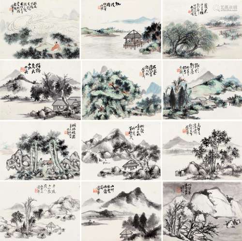 蒲华（1832～1911） 丙申（1896）年作 拟古山水册 册页 （十二开) 设色 水墨纸本