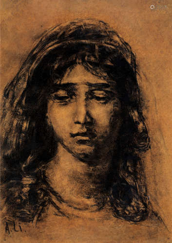 李叔同（1880～1942） 少女像 镜框 纸本木炭