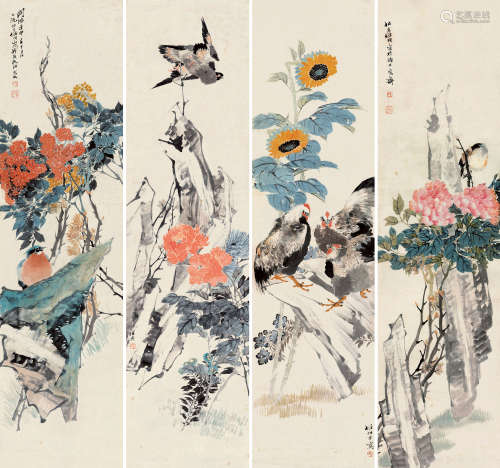 任伯年（1840～1895） 壬申（1872）年作 花鸟 四屏镜片 设色纸本