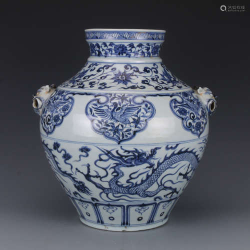 A LARGE BLUE AND WHITE JAR