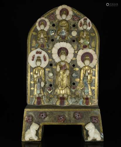 A GILT BRONZE INLAID JEWEL BUDDHA PANEL