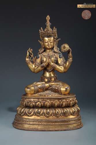 CHINESE GILT BRONZE BUDDHA OF GUANYIN