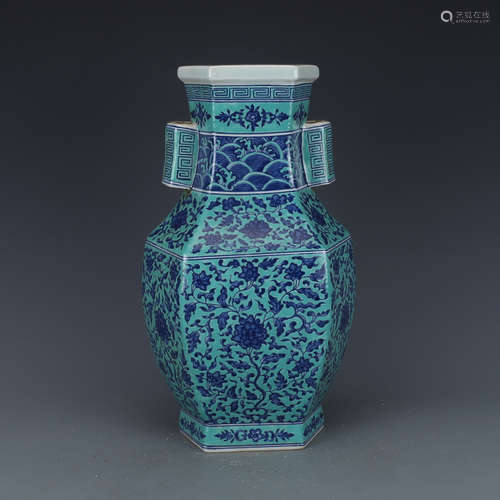 QIANLONG MARK, A GREEN GROUND AND BLUE VASE