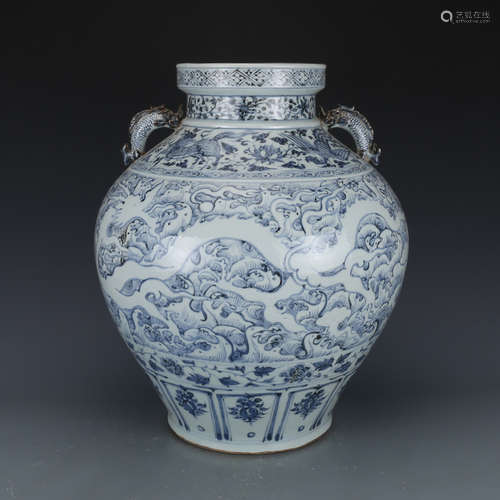 A LARGE BLUE AND WHITE JAR