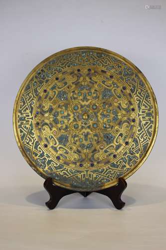 A TANG STYLE GILT BRONZE INLAID TURQUOISE MIRROR