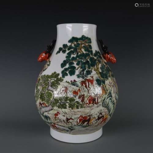 A FAMILLE ROSE DEERS ZUN VASE