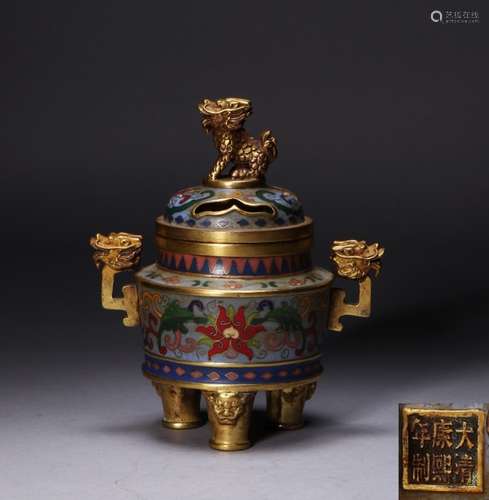 KANGXI MARK, A BRONZE CLOISONNE CENSER