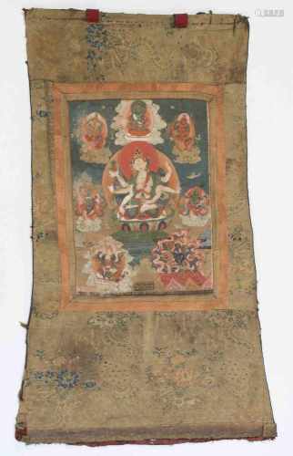 Thangka der UshnishavijayaTibet/Nepal, 18. Jh. Farben auf Leinwand. Darstellung der dreiköpfigen