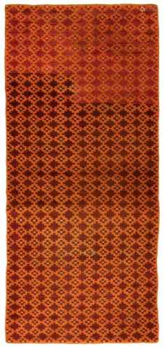 KhadenTibet, um 1930. Tempelsitz-Teppich. Der orange-braune Grund ist durchgehend mit vertikal