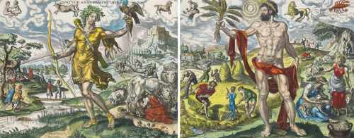 Galle, Philipp(Haarlem 1537–1612 Antwerpen) Die vier Jahreszeiten. 4 kol. Kupferstiche nach Marten