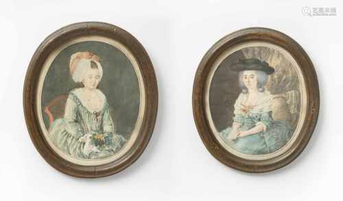 Lot: 2 DamenporträtsBasel, um 1780. Aquarell auf Papier, oval, signiert Franz Feyerabend (1755–