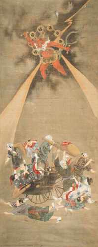 MalereiJapan, Ende 19.Jh. Tusche und Farben auf Seide. Darstellung des Donnergottes 