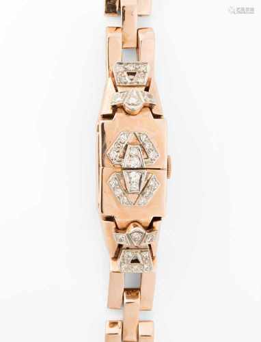 Diamant-Damenarmbanduhr585 Rotgold/Platin. Handaufzug York Cal. Rotgoldband aus den 1940er Jahren.