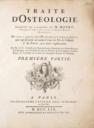 Monro, AlexanderTraité d'Ostéologie. Paris, Guillaume Cavelier, 1759. 317 S. Gr. Fol. (60 × 44