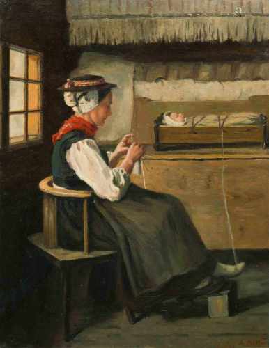 Dumont, Alfred-Paul-Emile-Etienne(Perroy 1828–1894 Genf)Interieur mit strickender Frau in der Tracht