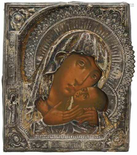 Gottesmutter vor Korsun mit SilberokladRussisch, 19.Jh. (1) Ikone. Tempera über Kreidegrund auf