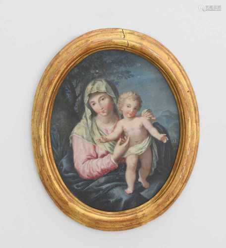 Kleines AndachtsbildAnonym, um 1800. Öl auf Metall. Oval. Maria mit dem stehenden Kind vor