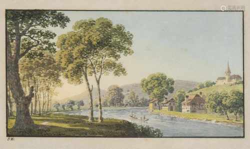 Monogrammist J. W.(um 1820/30) Zürich, Blick vom Ufer der Limmat gegen die Kirche Höngg, mit dem