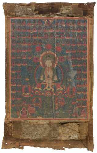 Thangka des AmitayusSinotibetisch, 18./19. Jh. Farben auf Leinwand. In padmasana sitzender Amitayus,